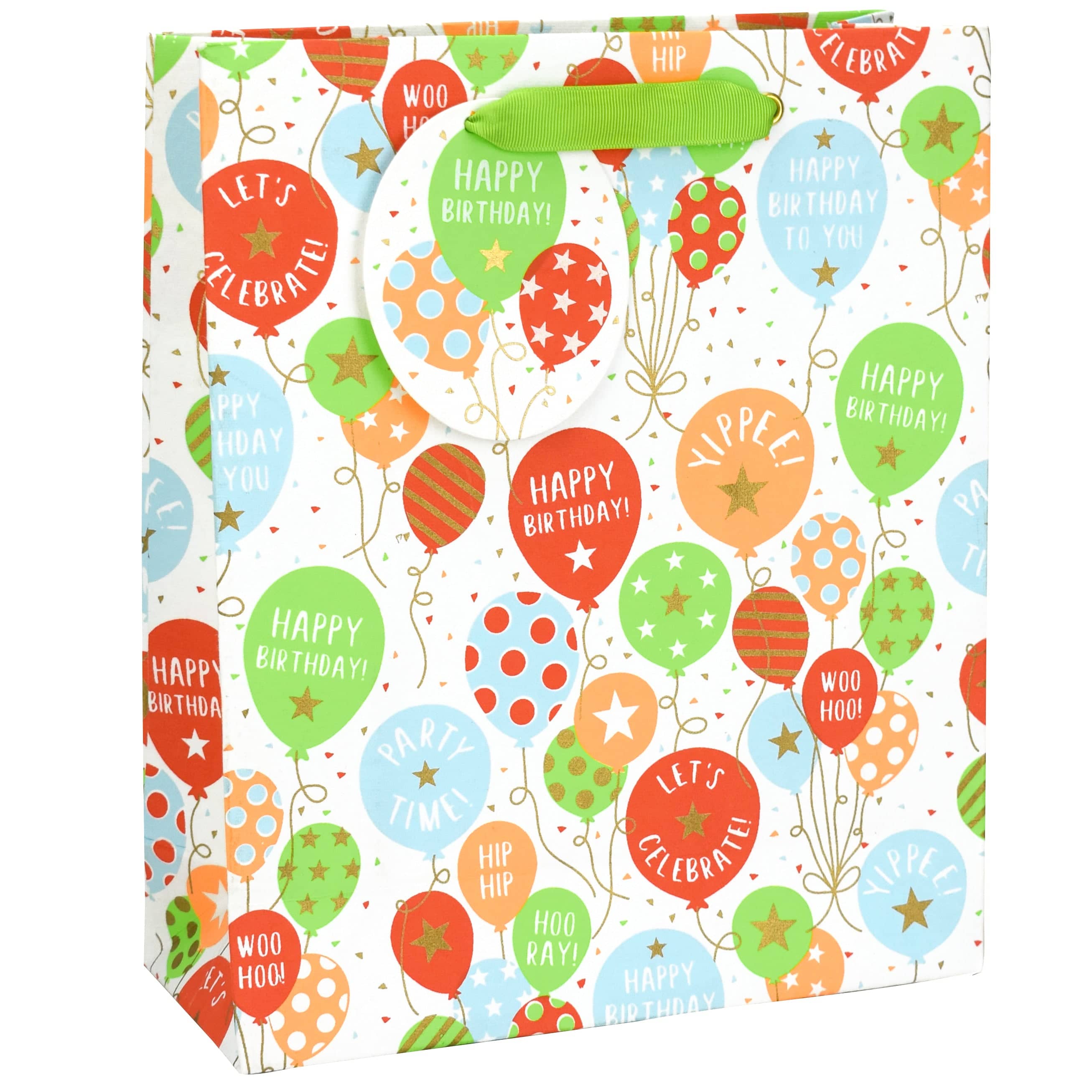 Large gift bag with colorful balloon design from Love Vivid, ideal for party favors or gift wrapping.